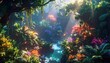 © Rika - A vibrant, lush tropical forest scene filled with colorful flora and sunlight filtering through the canopy.