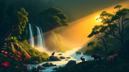 Wall Mural - sunset in the forest
