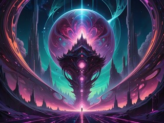 Wall Mural - A futuristic scene featuring a towering structure with an ethereal glow. The vibrant colors and intricate design evoke a cosmic atmosphere.