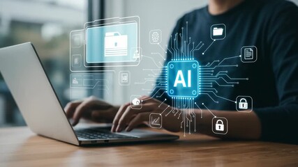 Person using laptop with ai technology overlay
