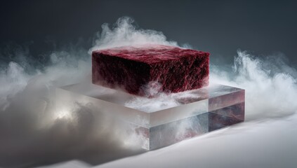 Abstract cube of deep maroon material on a transparent pedestal, shrouded in swirling smoke