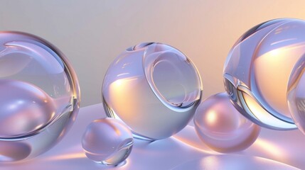 Transparent Glass Spheres Displayed in Soft Purple Lighting on a Reflective Surface