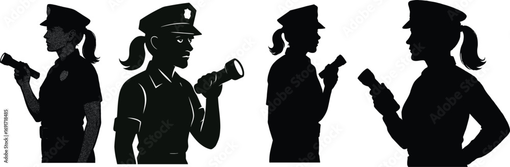 Female police officer silhouettes with flashlights set performing ...