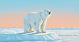 A majestic polar bear stands sentinel on a snowy ice floe, bathed in the soft hues of a serene arctic sunrise.
