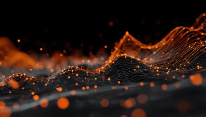Abstract digital landscape of glowing orange particles
