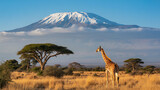 giraffe in african savannah with mount kilimanjaro in background