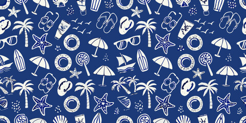 Seamless pattern of white summer vacation icons on a dark blue background