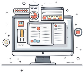Hand drawn computer monitor with software application windows data charts and creative interface graphics
