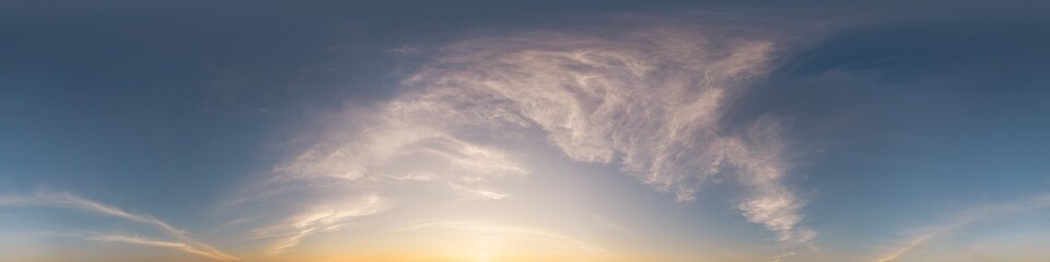 Wall Mural - 360 panorama of glowing sunset sky with bright cirrus clouds. hdr 360 seamless spherical panorama. f