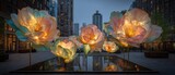 Large, luminous flowers in a city plaza