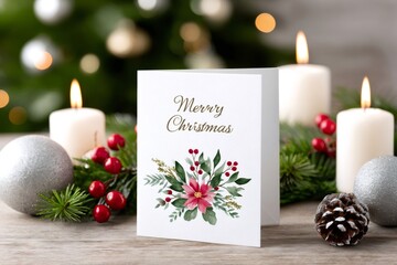 Wall Mural - christmas card standing on wooden table with candles and decorations