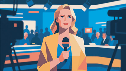 illustration of a journalist presenting a program in a television studio vector design template