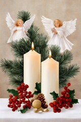 Wall Mural - two burning candles with angels and christmas decorations
