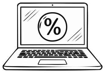 Laptop screen displays a large percentage symbol inside a circle creating a discount or sale concept