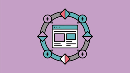 Illustration of a website icon surrounded by a circular design with plus signs and diamond shapes on purple