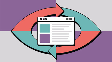 A stylized illustration of a website window inside of an eye made of arrows on a divided background