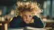 © ORG - Child with frizzy hair expressing frustration in classroom environment natural light emotional portrait