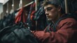 © Aliaksandr - A young Caucasian man with brown hair sits in a locker room, looking contemplative. He wears a red jacket and is surrounded by backpacks.