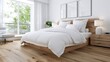 © kardaska - Modern bedroom with wooden floor and white bedding inviting peaceful sleep
