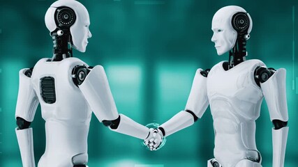 Wall Mural - 3d rendering hominoid robot handshake to collaborate future technology development by ai thinking br