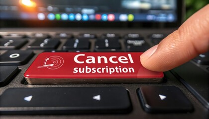 Finger pressing cancel subscription button on keyboard of laptop computer
