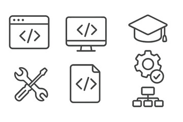 Programming line icon set. Minimalist vector symbols for developers and engineers. Web development, software coding, and IT education. UI icons for settings, code, and project management.