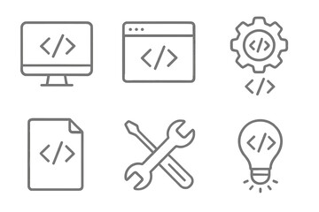 Minimalist coding and programming icon set, linear style vector cartoon illustration, transparent background, web development tools, software coding symbols, developer workflow icons