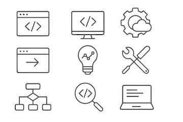 Programming and software development line icon set. Coding, web technology, and app creation symbols. Vector pictogram collection for UI UX design, cloud computing, algorithm.