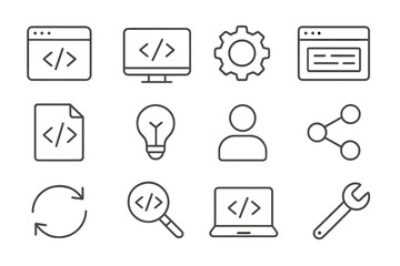 Programming and development icons set. Minimalist outline style vector illustration. Web design, coding, software, and UI UX graphic elements. Tech symbols collection.