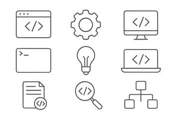 Web development and programming line icon set. Minimalist symbols for software coding, app design, UI, and UX. Vector illustration of code, sitemap, terminal, and idea icons.