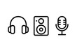 © Tamara - Music and audio icon set with headphones, speaker, and microphone. Vector illustration for podcast, streaming, and recording concepts. Simple black line art symbols.