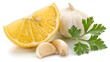 © Anjuman - Lemon wedge, garlic bulb, garlic cloves, and parsley sprig isolated on white background for cooking or culinary use