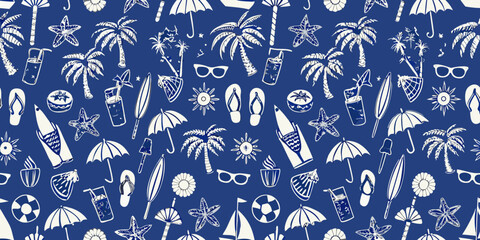 Seamless pattern of summer beach vacation icons in white on a dark blue background