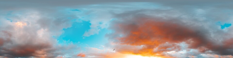 Wall Mural - Sunset sky panorama with bright glowing pink Cumulus clouds. HDR 360 seamless spherical panorama. Full zenith or sky dome for 3D visualization, sky replacement for aerial drone panoramas.