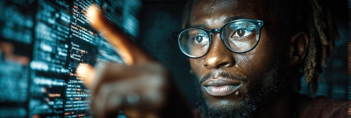 A man with glasses points at a screen filled with code, highlighting technological focus