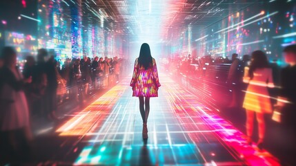 Wall Mural - a figure walks through a vibrant digital corridor. colors and lights reflect a blend of reality and 