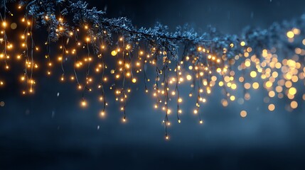 Wall Mural - festive christmas garland with twinkling fairy light bokeh on deep blue background — elegant winter 