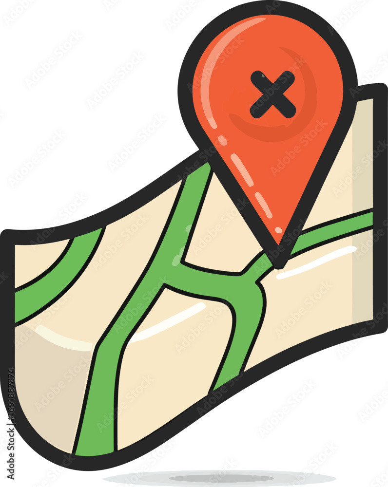 Cartoon Map with Red Pin Pointer Navigation and Location Icon for ...