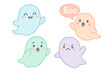 © Shein - Set of cute pastel ghosts with various emotions. Kawaii cartoon character collection with happy, sad, angry, scared expressions. Spooky Halloween vector illustration for kids.