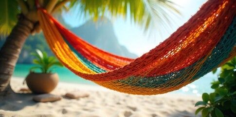 Close-up shot of a vibrant, intricately designed Brazilian net hammock gently swaying in a tropical breeze, sunlight filtering through the woven fibers , design, handwoven