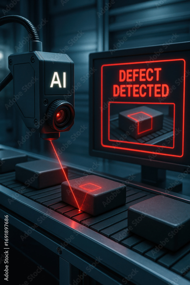 AI inspection system scanning product for defect detection on conveyor ...