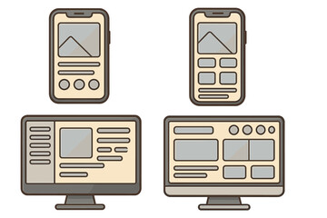 User interface design concepts for mobile and desktop applications. UI UX wireframe mockup for website and app layout. Vector cartoon illustration of responsive design.