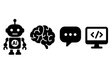 Silhouette icons of AI technology robot, brain, chat, and coding symbols, vector cartoon illustration, transparent background, ordered set, digital innovation, artificial intelligence