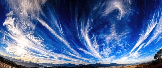 Dramatic, wispy clouds streak a vibrant blue sky