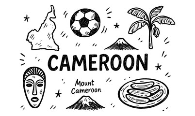 Hand drawn cameroon elements with map, soccer, and cultural icons