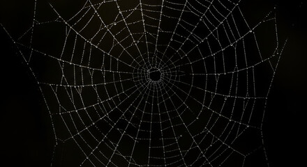 Intricate spiderweb glistening with morning dew against a dark, mysterious backdrop