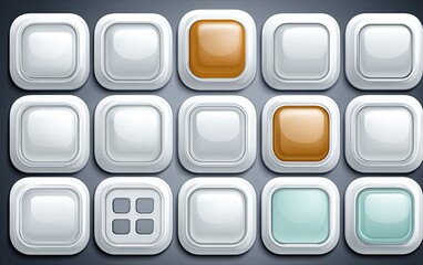 Grid of square, glossy buttons in white, with one orange and one teal button