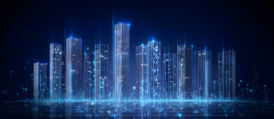 Wall Mural - Futuristic cityscape with illuminated skyscrapers and glowing data streams, illustrating advanced technology and global connectivity, suitable for technology, digitalization, and smart city themes
