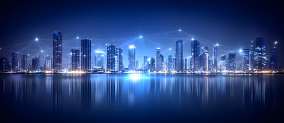 Wall Mural - Futuristic cityscape with illuminated skyscrapers and glowing data streams, illustrating advanced technology and global connectivity, suitable for technology, digitalization, and smart city themes

