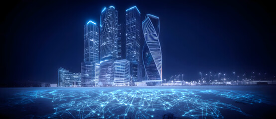 Wall Mural - Futuristic cityscape with illuminated skyscrapers and glowing data streams, illustrating advanced technology and global connectivity, suitable for technology, digitalization, and smart city themes

